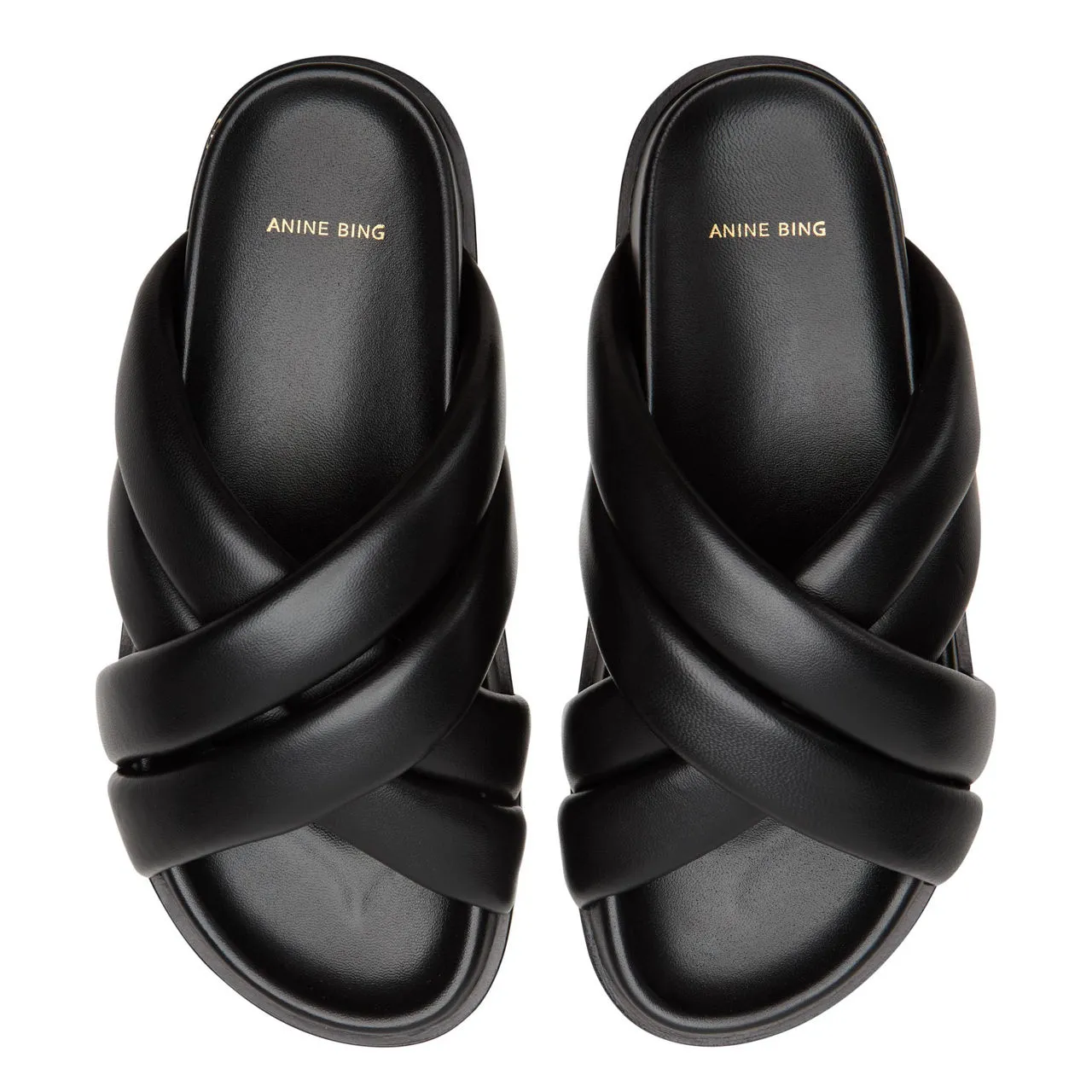 ANINE BING Lizzie Leather Cross-Strap Slides - Black