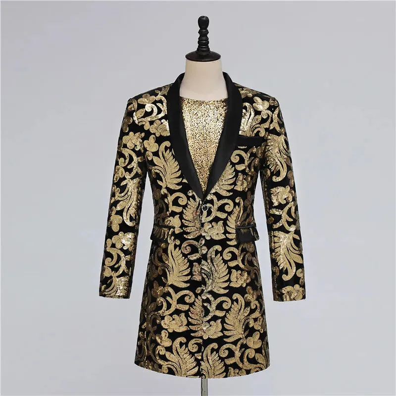 Men's Luxury Gold Floral Embroidery Shawl Collar One Button Long Blazer