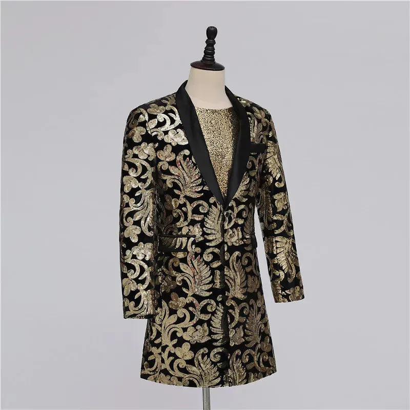 Men's Luxury Gold Floral Embroidery Shawl Collar One Button Long Blazer