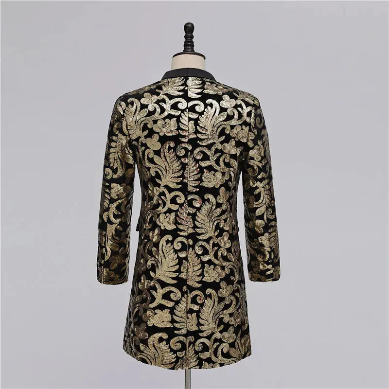 Men's Luxury Gold Floral Embroidery Shawl Collar One Button Long Blazer