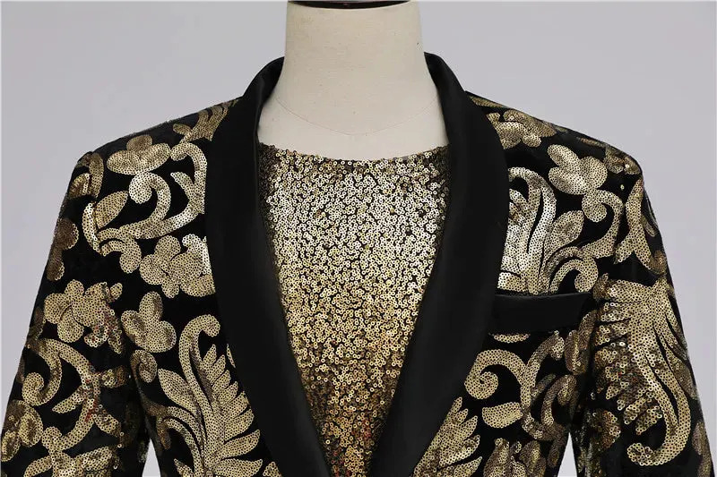 Men's Luxury Gold Floral Embroidery Shawl Collar One Button Long Blazer