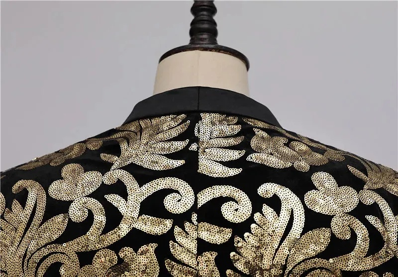 Men's Luxury Gold Floral Embroidery Shawl Collar One Button Long Blazer