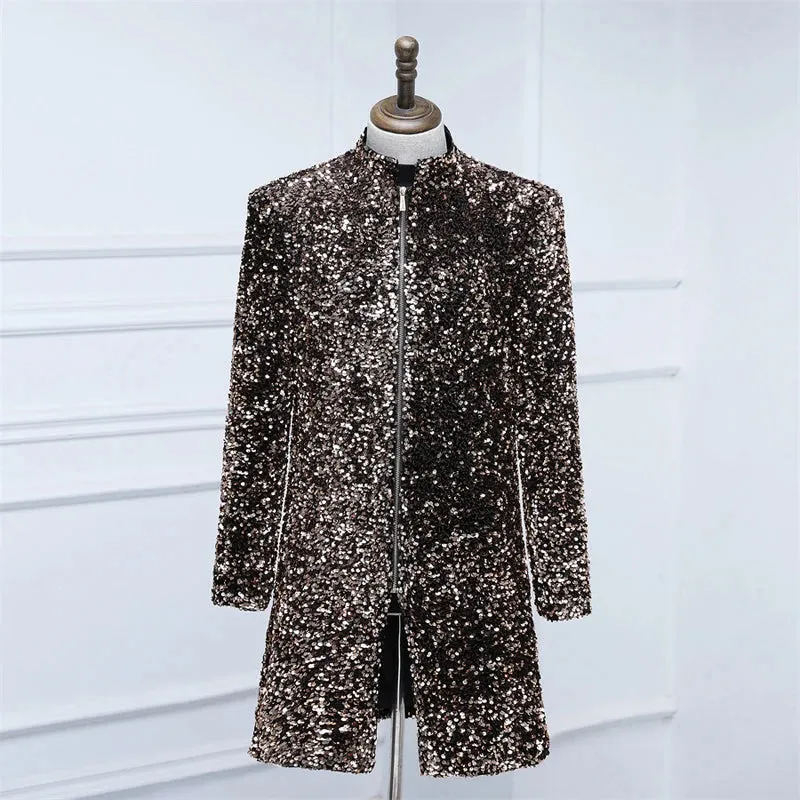 Men's Luxury Shiny Sequined Stand Collar Zipper Long Party Blazer