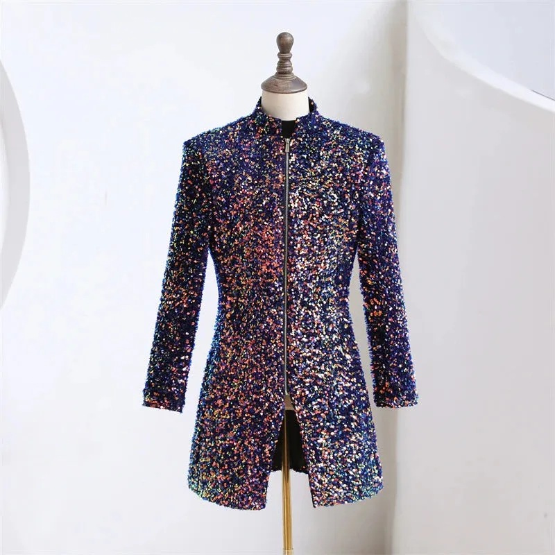 Men's Luxury Shiny Sequined Stand Collar Zipper Long Party Blazer