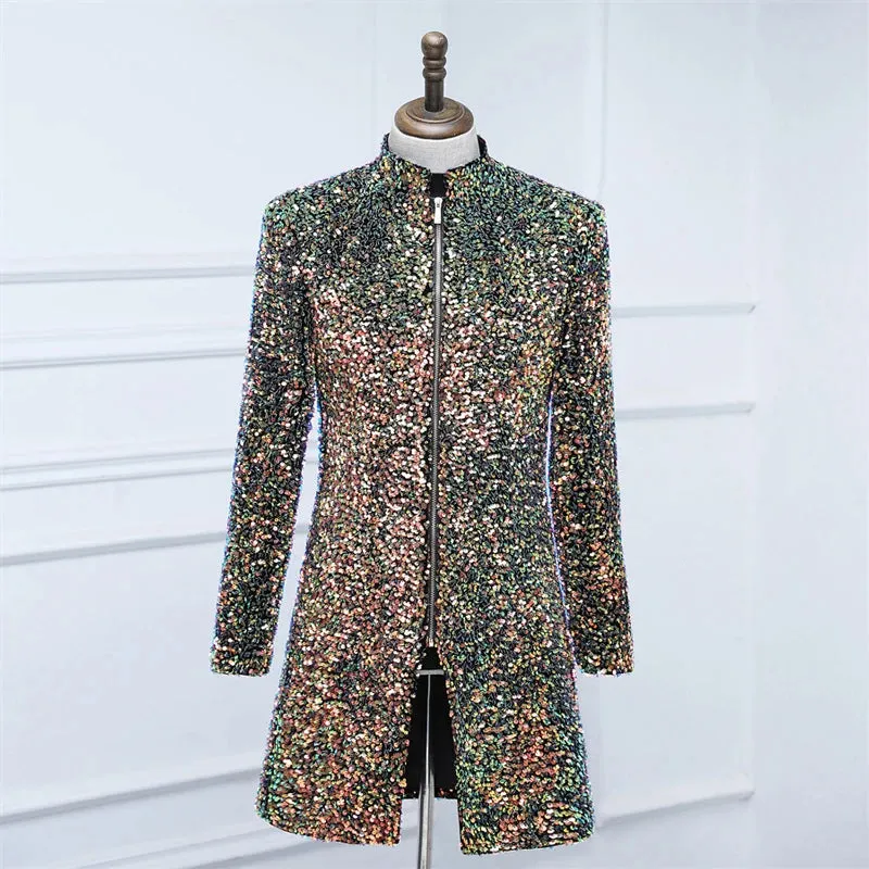 Men's Luxury Shiny Sequined Stand Collar Zipper Long Party Blazer