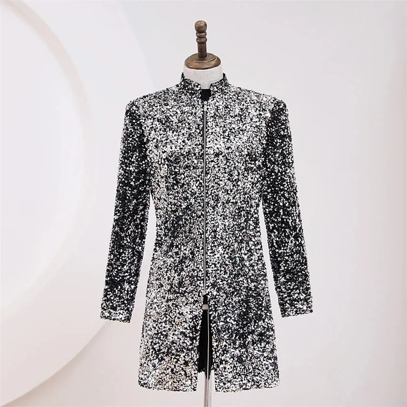 Men's Luxury Shiny Sequined Stand Collar Zipper Long Party Blazer