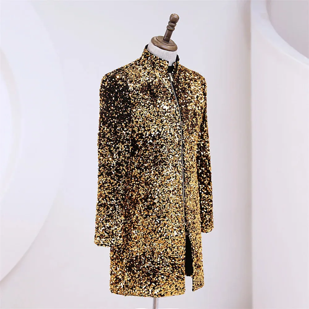 Men's Luxury Shiny Sequined Stand Collar Zipper Long Party Blazer