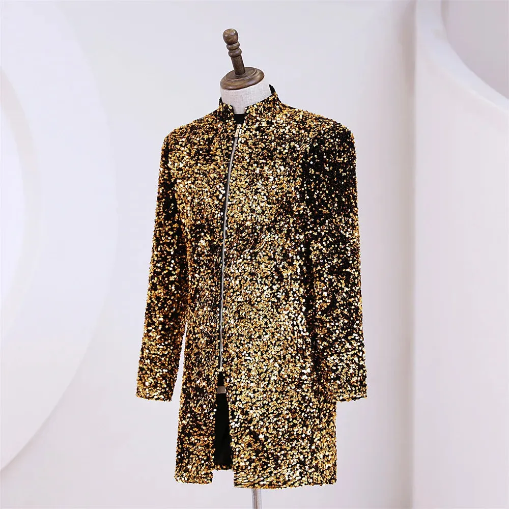 Men's Luxury Shiny Sequined Stand Collar Zipper Long Party Blazer