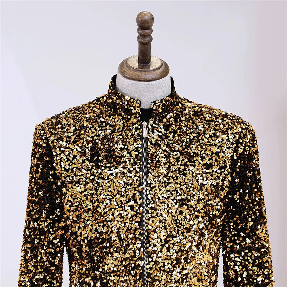 Men's Luxury Shiny Sequined Stand Collar Zipper Long Party Blazer