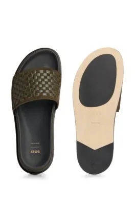 Mixed-leather slides with woven upper strap