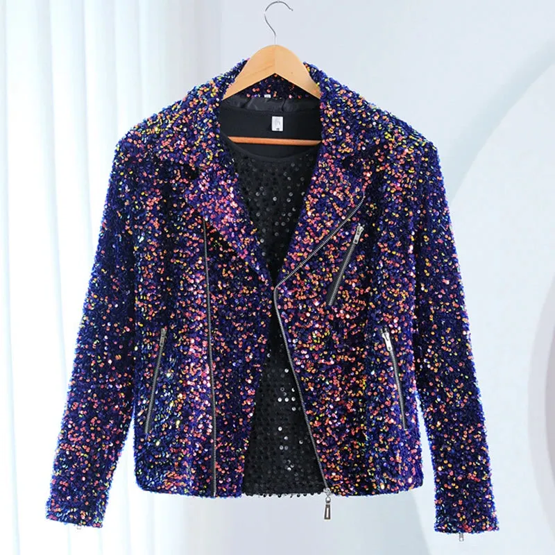 Shiny Glitter Sequined Multi Zipper Stage Prom Party Blazer for Men