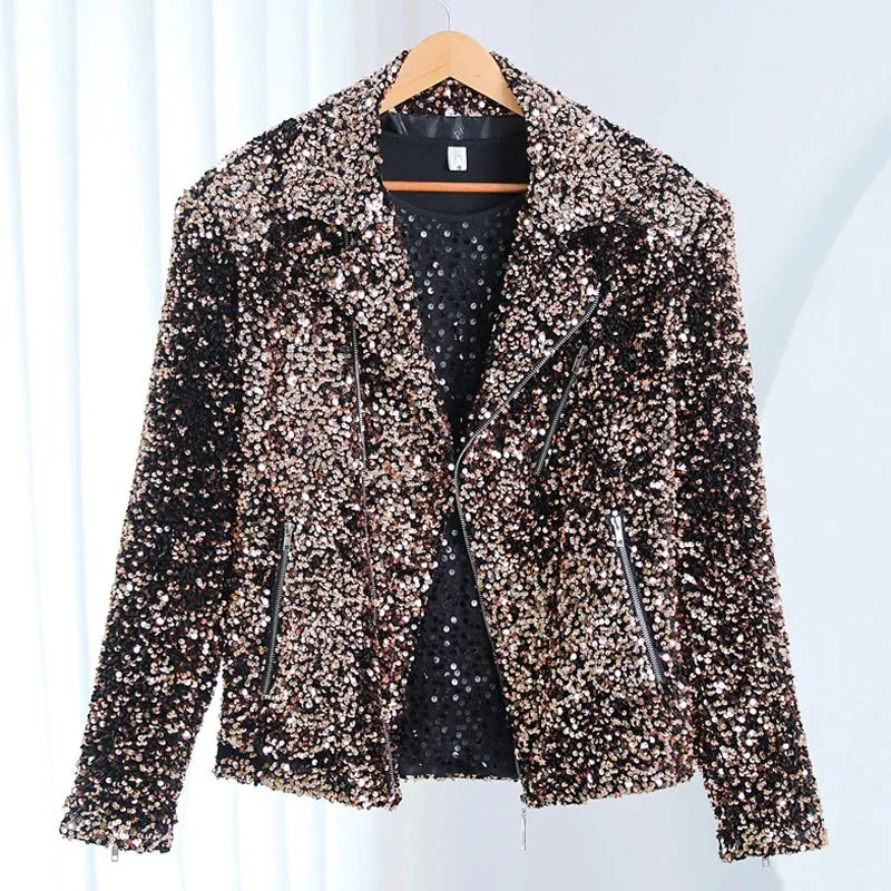 Shiny Glitter Sequined Multi Zipper Stage Prom Party Blazer for Men