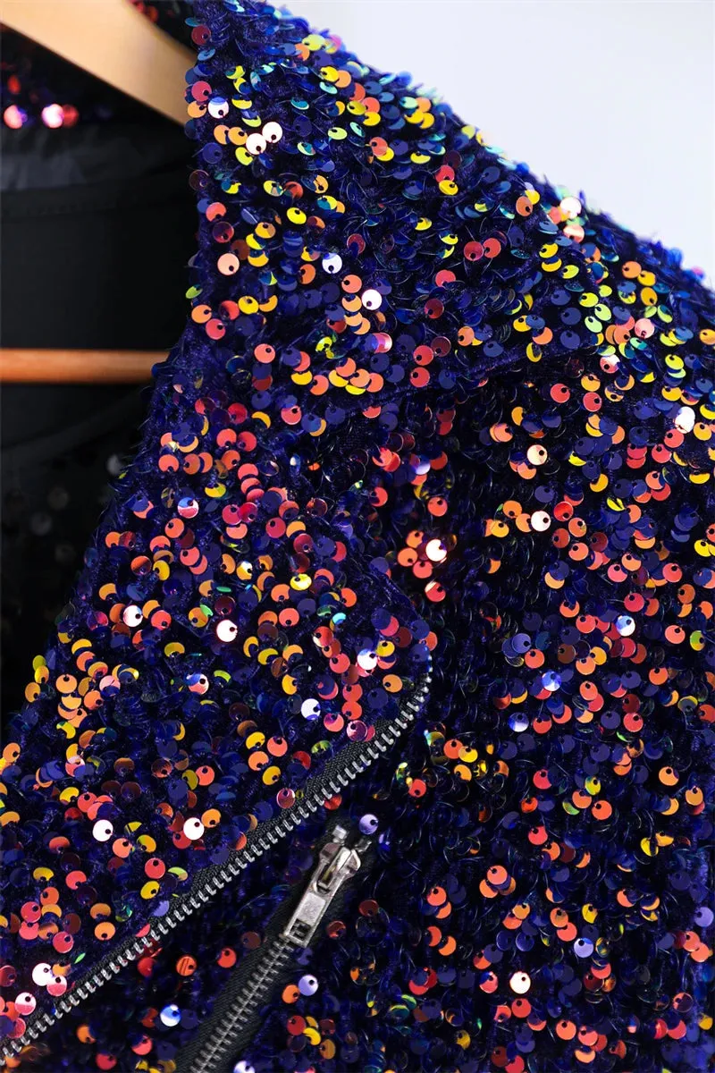 Shiny Glitter Sequined Multi Zipper Stage Prom Party Blazer for Men