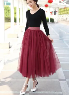 Wine Red Tulle Long Skirt, Women Tulle Skirts, Fashionable Women Skirts