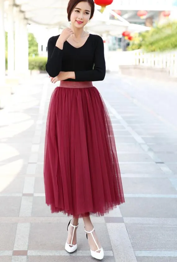 Wine Red Tulle Long Skirt, Women Tulle Skirts, Fashionable Women Skirts