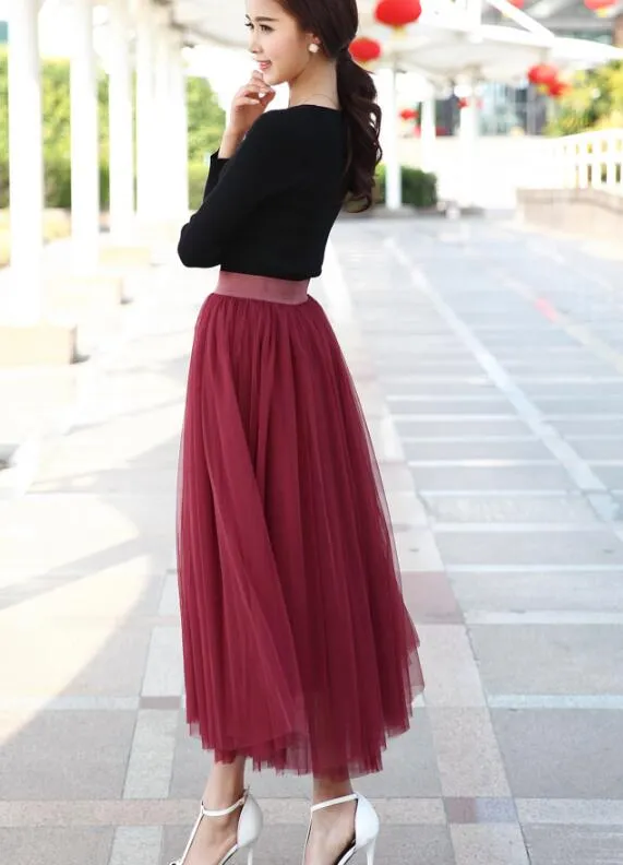 Wine Red Tulle Long Skirt, Women Tulle Skirts, Fashionable Women Skirts