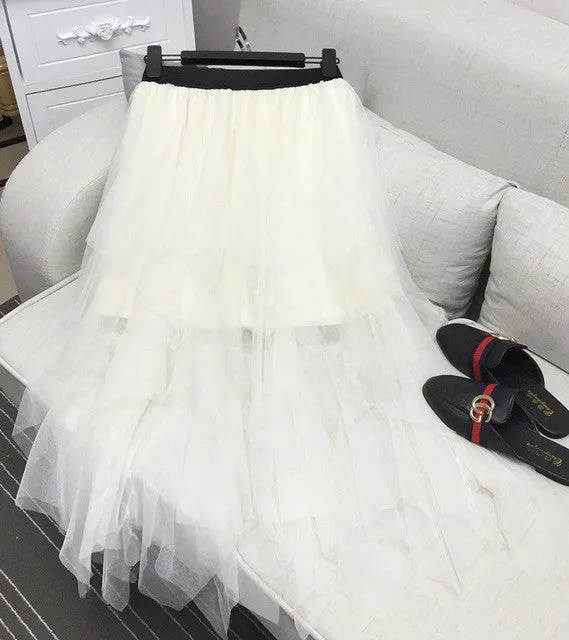 Woherb New  Gonna Tulle Skirt Elegant Skirts Ball Gown Skirts Fashion Woman Translucence High Waist Skirts Irregular Skirt GS