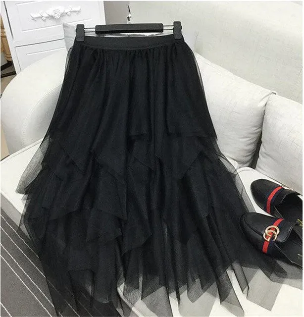 Woherb New  Gonna Tulle Skirt Elegant Skirts Ball Gown Skirts Fashion Woman Translucence High Waist Skirts Irregular Skirt GS