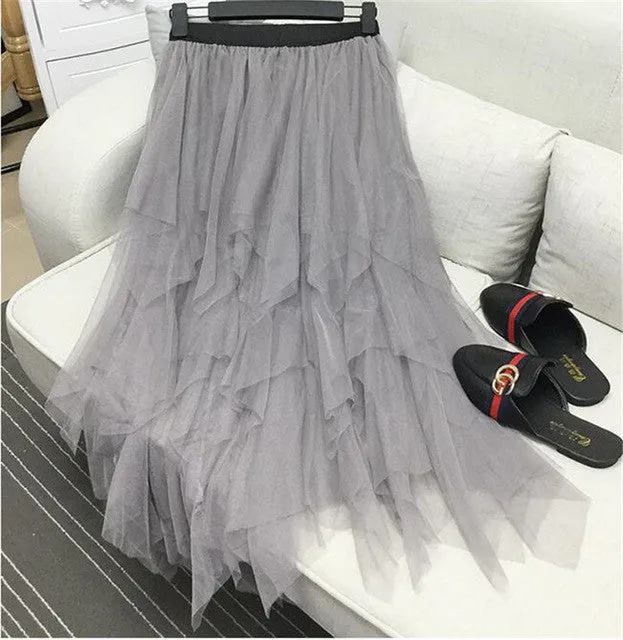 Woherb New  Gonna Tulle Skirt Elegant Skirts Ball Gown Skirts Fashion Woman Translucence High Waist Skirts Irregular Skirt GS