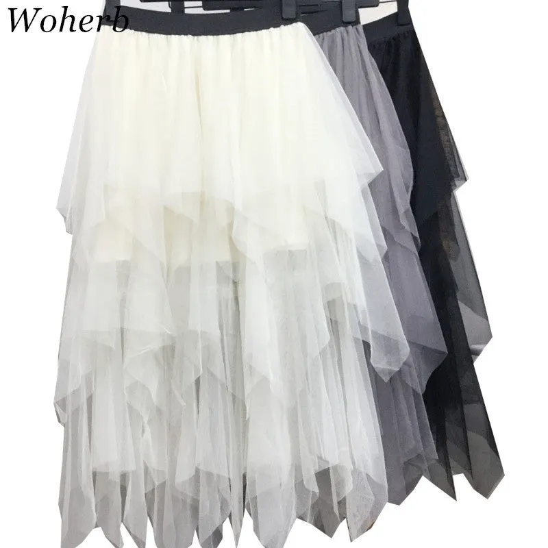 Woherb New  Gonna Tulle Skirt Elegant Skirts Ball Gown Skirts Fashion Woman Translucence High Waist Skirts Irregular Skirt GS