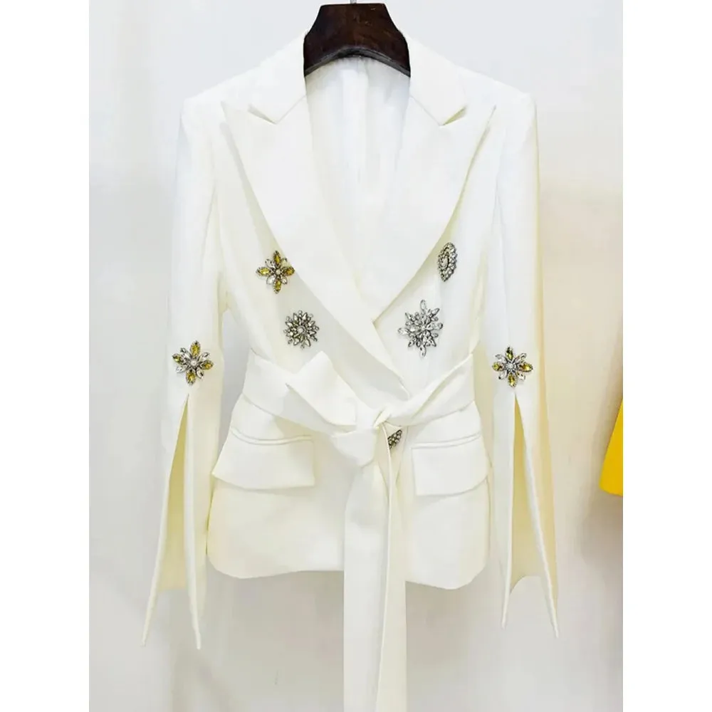 Women's White Luxury V-neck Crystal Diamond Long Sleeve Blazer with Belt