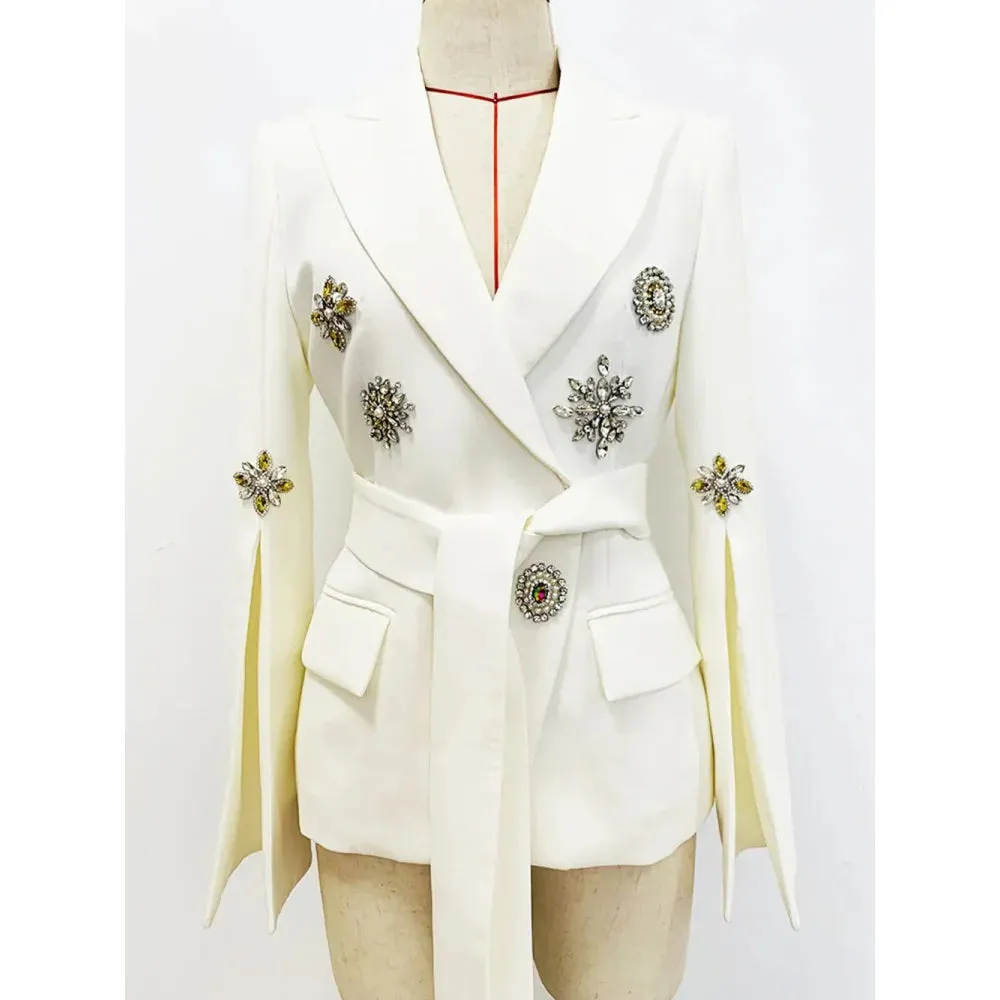 Women's White Luxury V-neck Crystal Diamond Long Sleeve Blazer with Belt